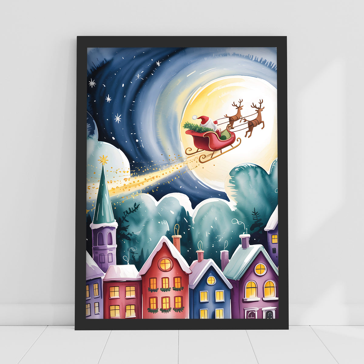 Christmas Print - Santa Flying Over Houses Wall Art