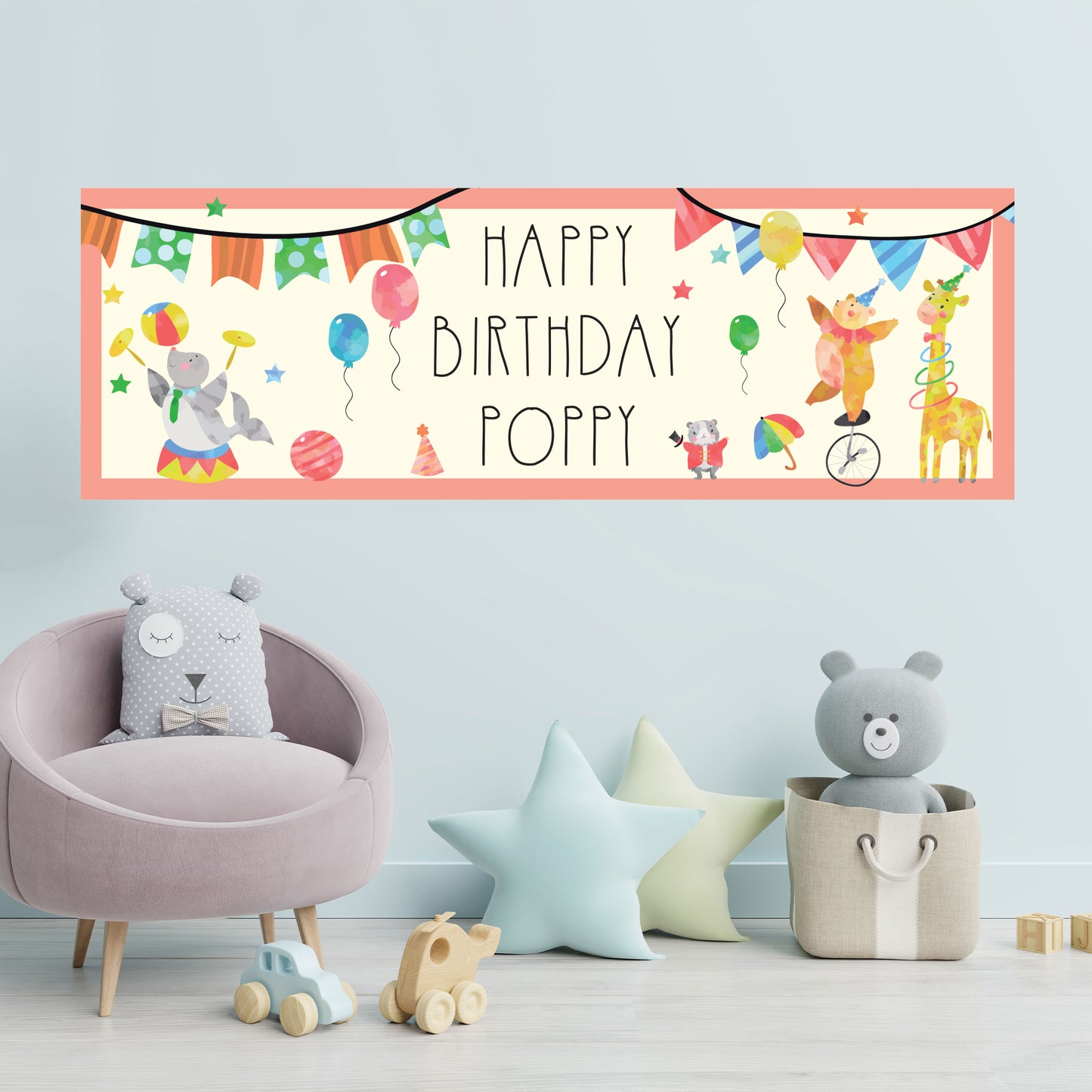 Circus Birthday - Colourful Circus Animals Personalised Banner Wall Sticker