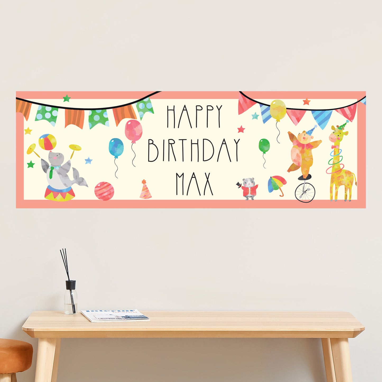 Circus Birthday - Colourful Circus Animals Personalised Banner Wall Sticker