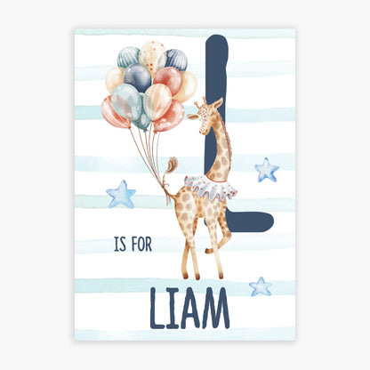 Circus Print - Giraffe And Stripes Letter And Name Personalised Poster Wall Art