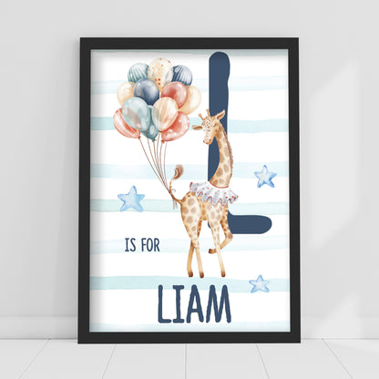 Circus Print - Giraffe And Stripes Letter And Name Personalised Poster Wall Art