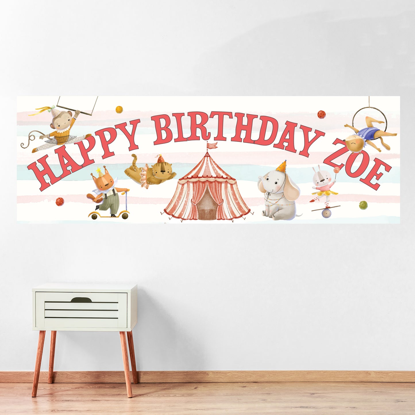 Circus Birthday - Pink And Blue Stripes Watercolour Banner Wall Sticker