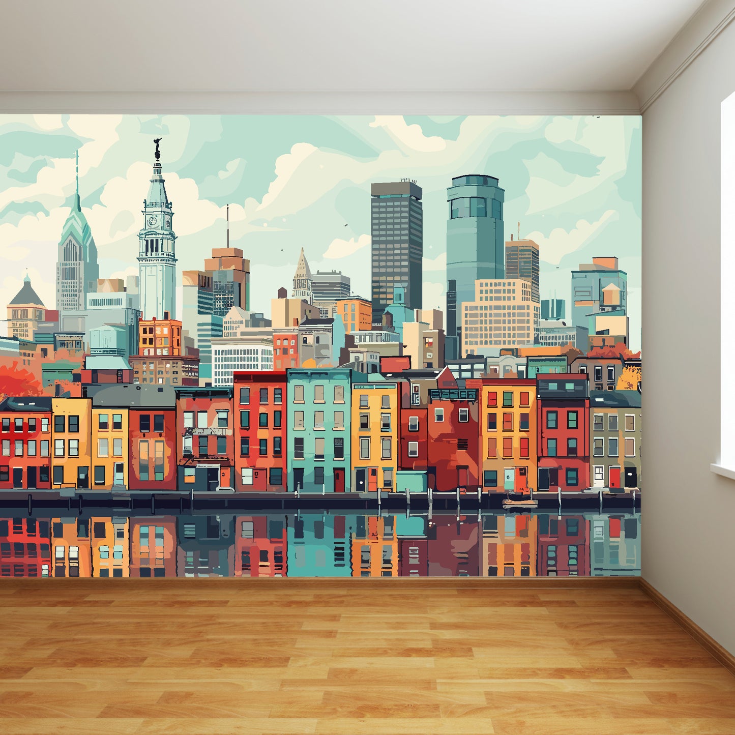 City Scape Reflections Full Wall Mural