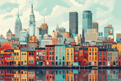 City Scape Reflections Full Wall Mural