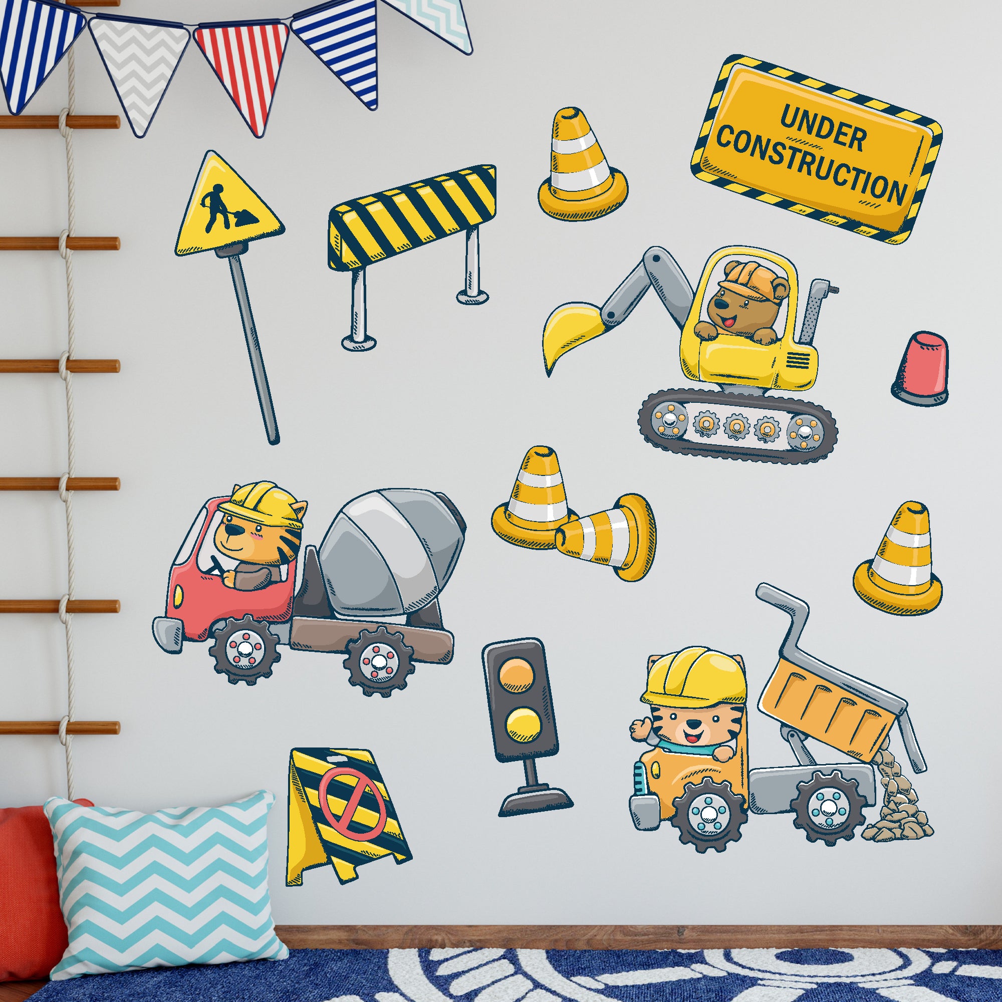 Construction Work Sticker Construction Wall Sticker - Construction Truck Animals Wall Sticker De ...