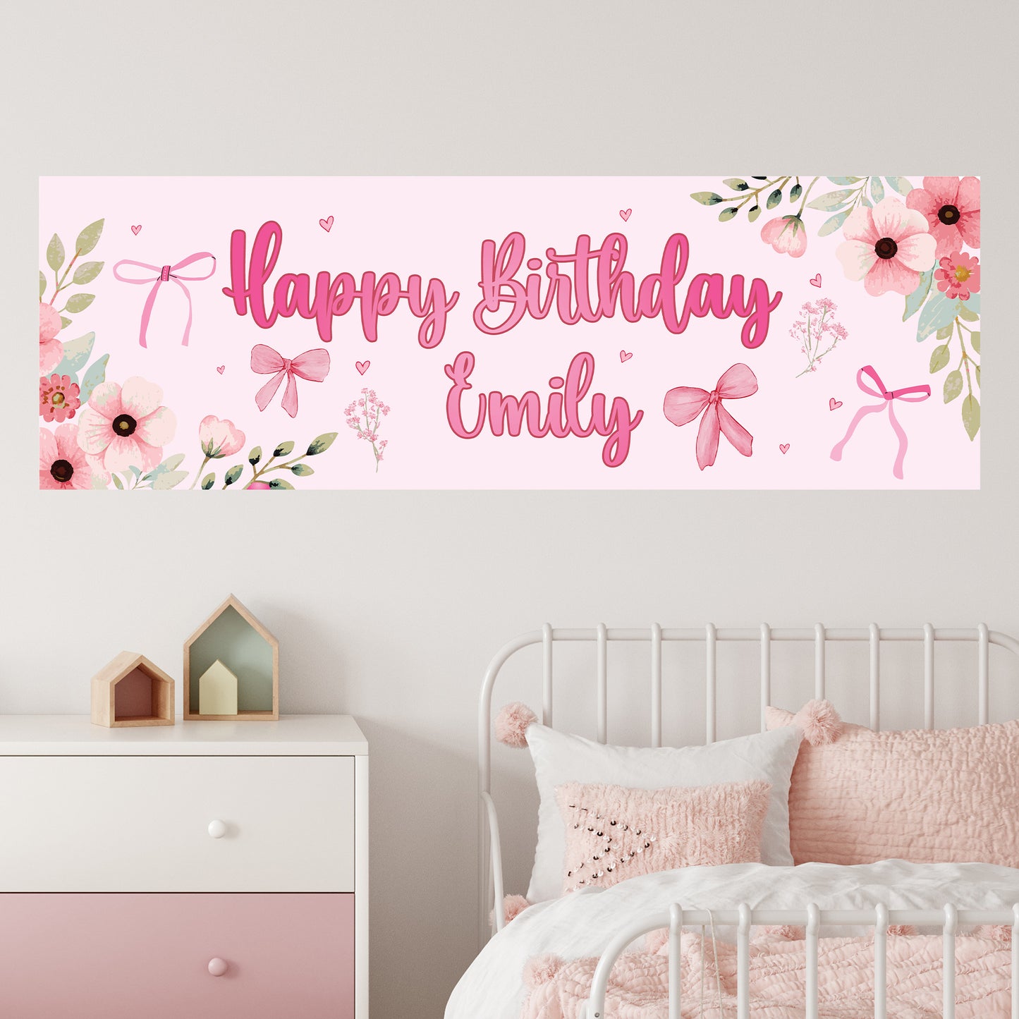 Girls Birthday - Pink Flowers And Bows Personalised Banner Wall Sticker