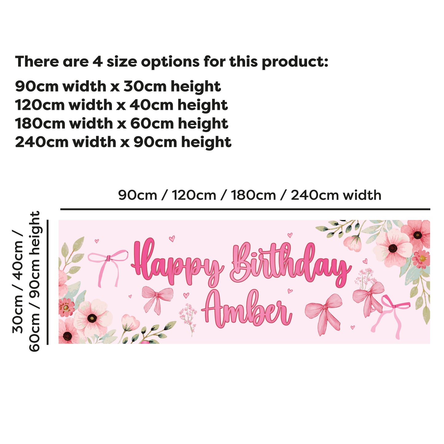Girls Birthday - Pink Flowers And Bows Personalised Banner Wall Sticker