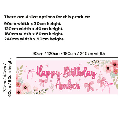 Girls Birthday - Pink Flowers And Bows Personalised Banner Wall Sticker
