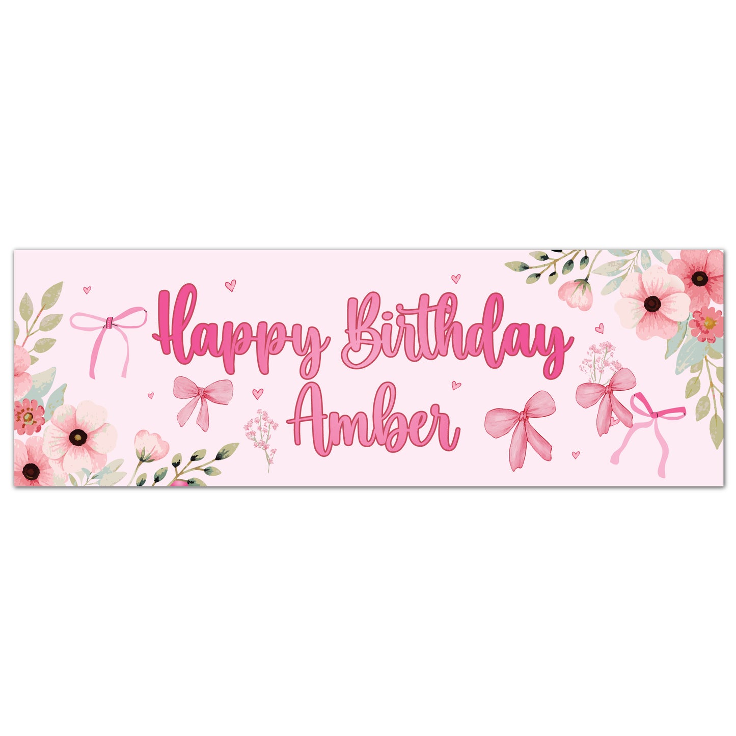Girls Birthday - Pink Flowers And Bows Personalised Banner Wall Sticker