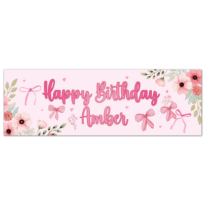 Girls Birthday - Pink Flowers And Bows Personalised Banner Wall Sticker