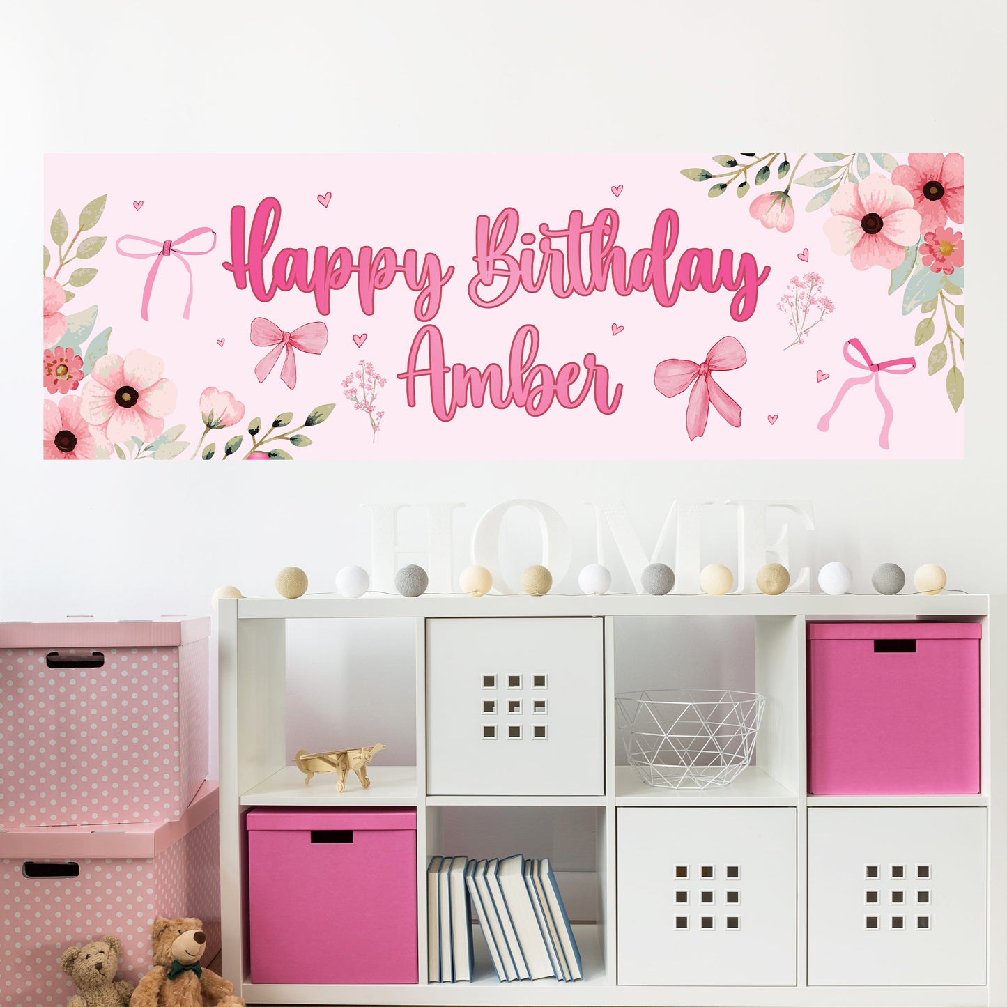 Girls Birthday - Pink Flowers And Bows Personalised Banner Wall Sticker