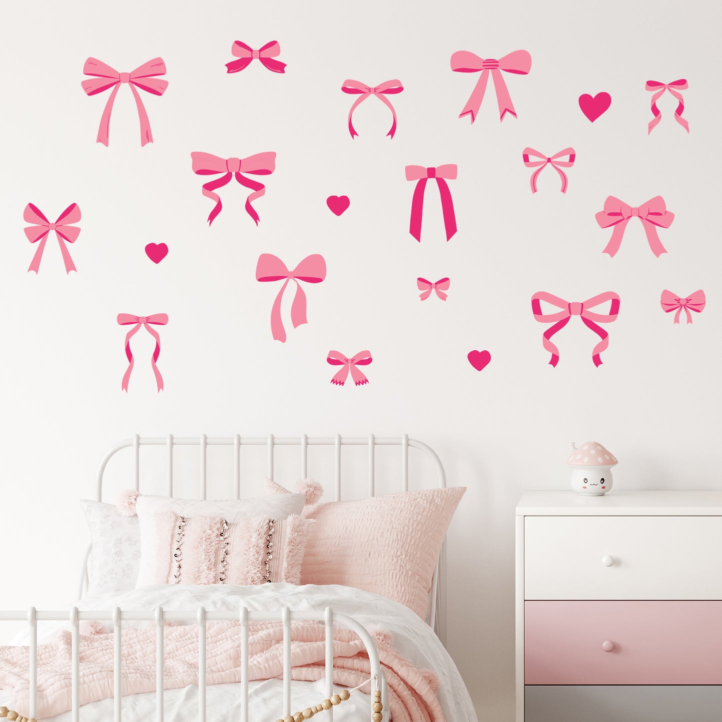 Pink Bow Wall Sticker - Pink Bows And Hearts Decal Set Wall Art