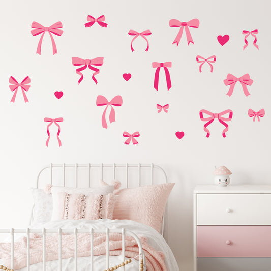 Pink Bow Wall Sticker - Pink Bows And Hearts Decal Set Wall Art