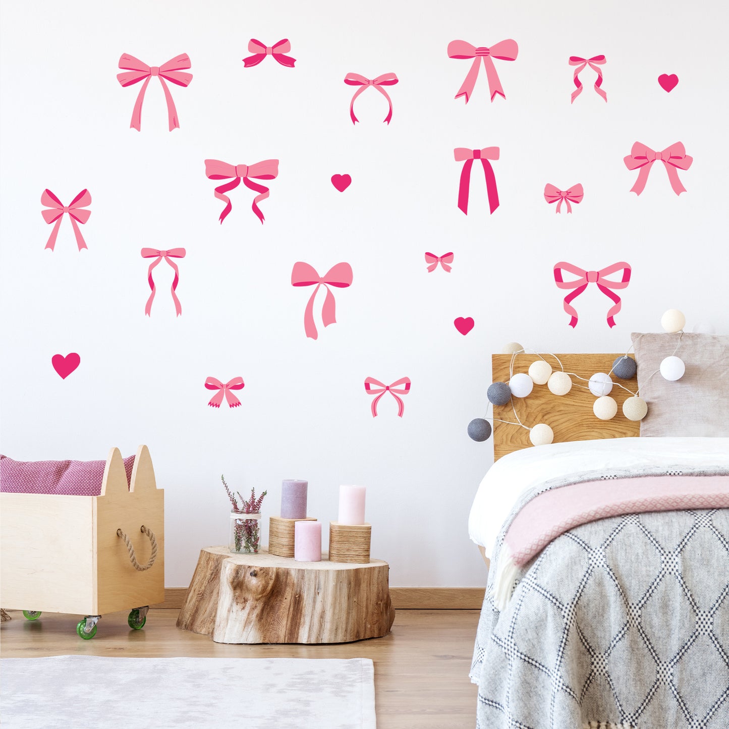 Pink Bow Wall Sticker - Pink Bows And Hearts Decal Set Wall Art