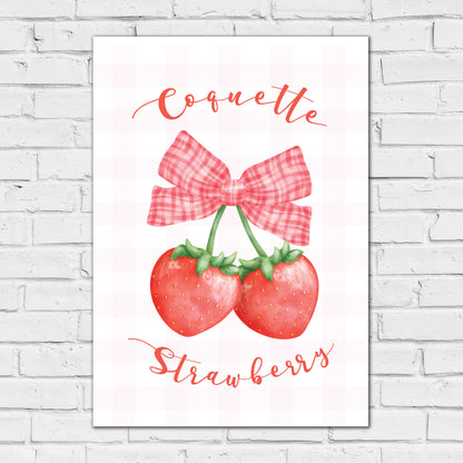 Pink Bows Print - Strawberry Gingham Poster Wall Art