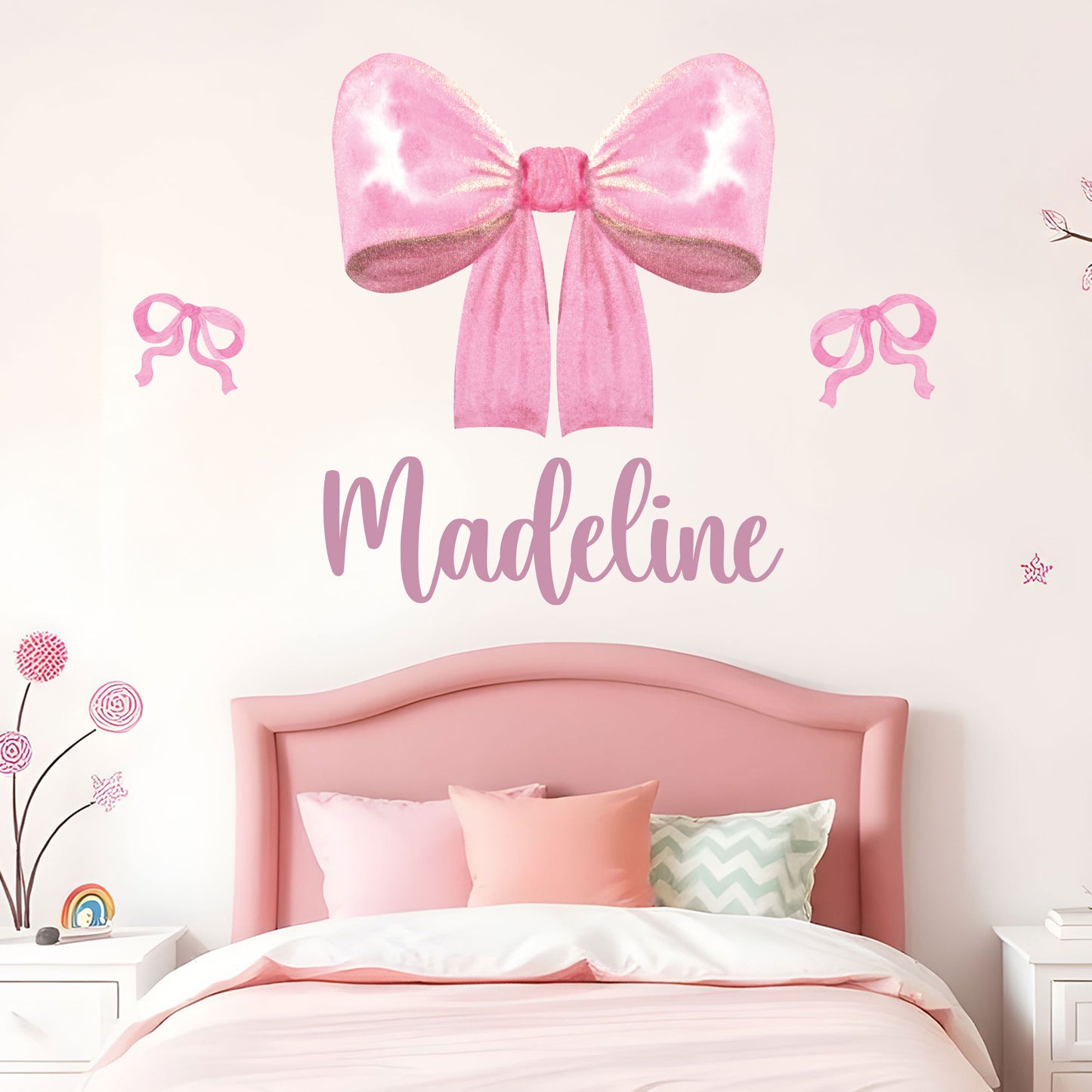 Pink Bows Wall Sticker - Pink Glitter Bow Personalised Wall Art