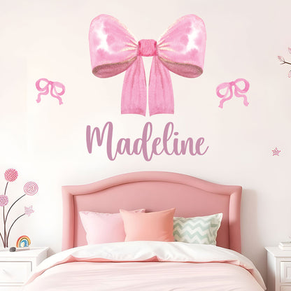 Pink Bows Wall Sticker - Pink Glitter Bow Personalised Wall Art