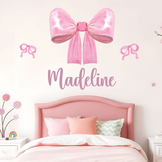 Pink Bows Wall Sticker - Pink Glitter Bow Personalised Wall Art