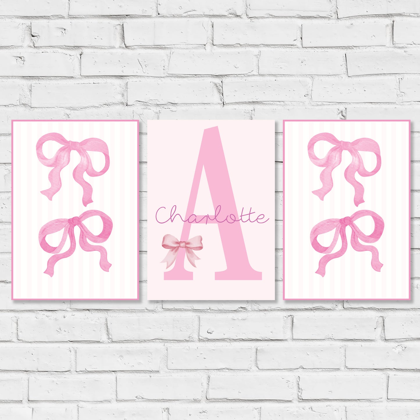 Pink Bows Print - Set Of 3 Pink Bow Personalised Posters Wall Art