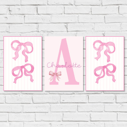 Pink Bows Print - Set Of 3 Pink Bow Personalised Posters Wall Art