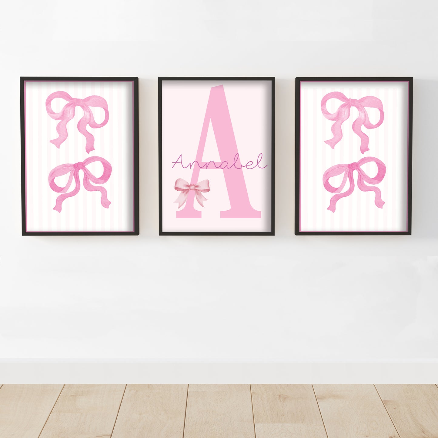 Pink Bows Print - Set Of 3 Pink Bow Personalised Posters Wall Art