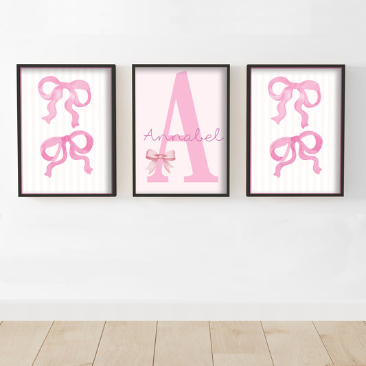 Pink Bows Print - Set Of 3 Pink Bow Personalised Posters Wall Art