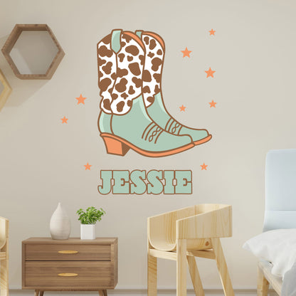 Cowgirl Wall Sticker - Blue Western Boots Personalised Wall Art