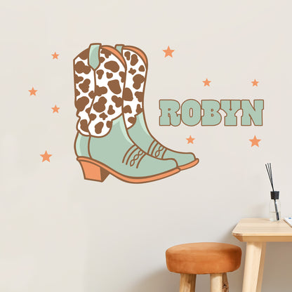 Cowgirl Wall Sticker - Blue Western Boots Personalised Wall Art
