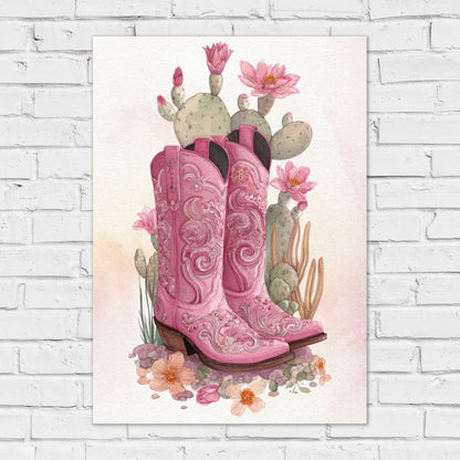 Cowgirl Print - Pink Western Boots With Flowers Poster Wall Art