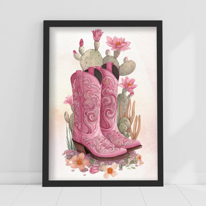 Cowgirl Print - Pink Western Boots With Flowers Poster Wall Art