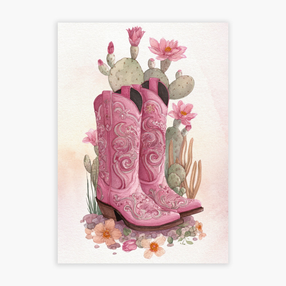 Cowgirl Print - Pink Western Boots With Flowers Poster Wall Art
