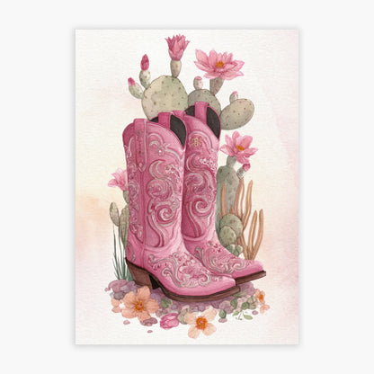 Cowgirl Print - Pink Western Boots With Flowers Poster Wall Art