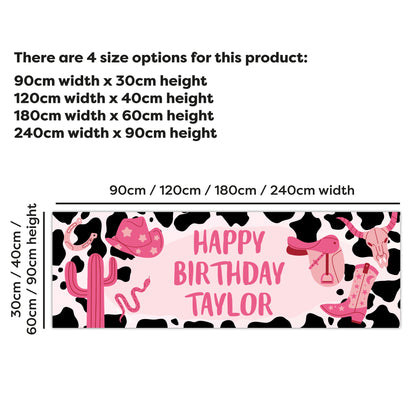 Cowgirl Birthday - Pink Icons Cow Print Personalised Name Banner Wall Sticker