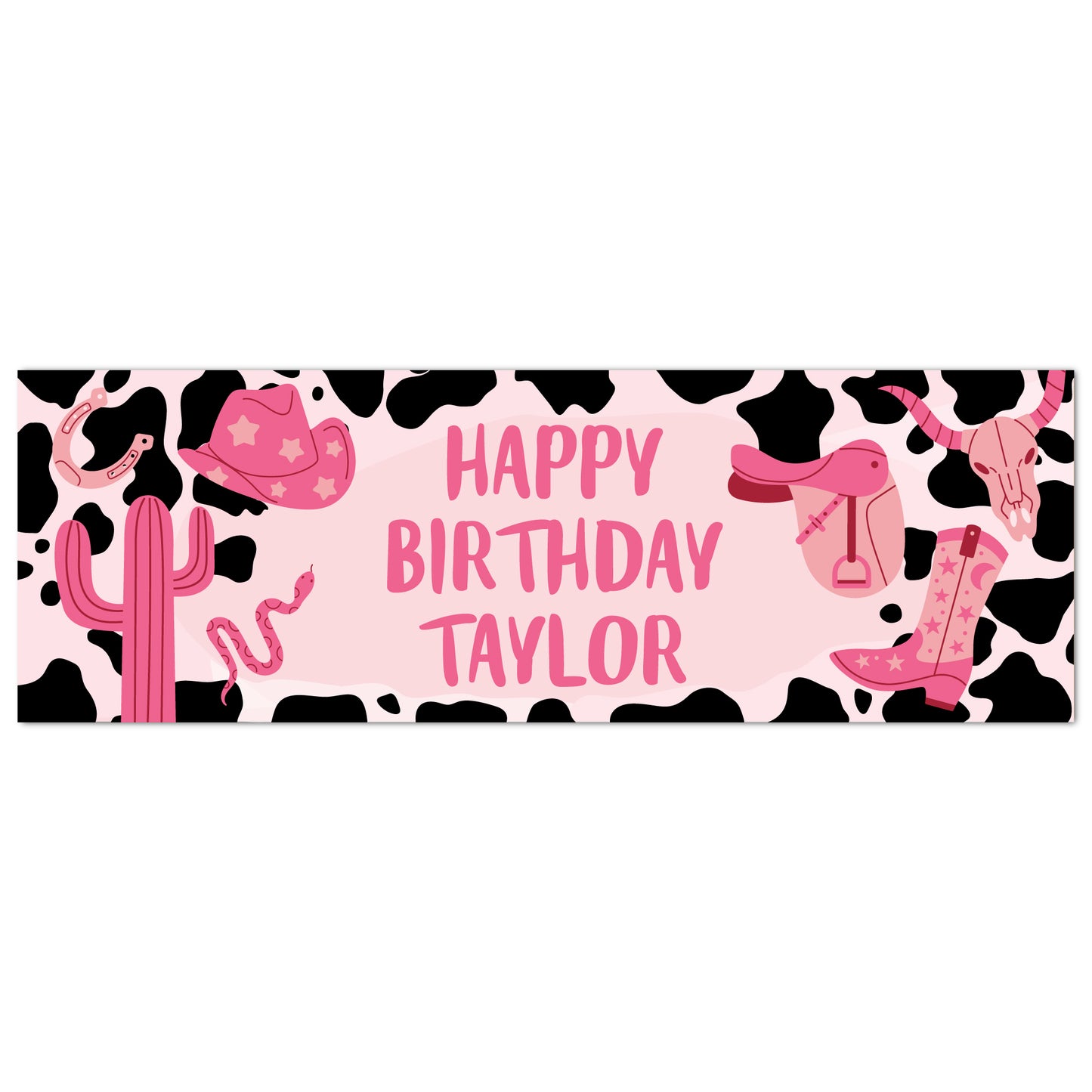Cowgirl Birthday - Pink Icons Cow Print Personalised Name Banner Wall Sticker