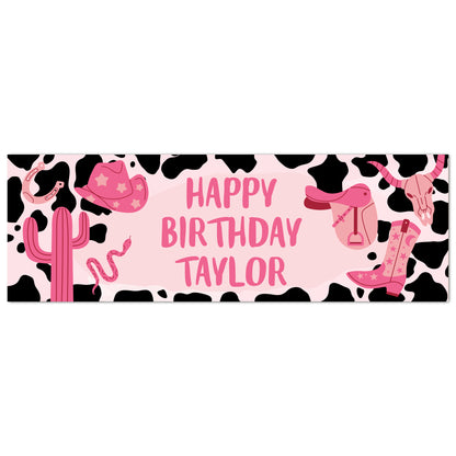 Cowgirl Birthday - Pink Icons Cow Print Personalised Name Banner Wall Sticker