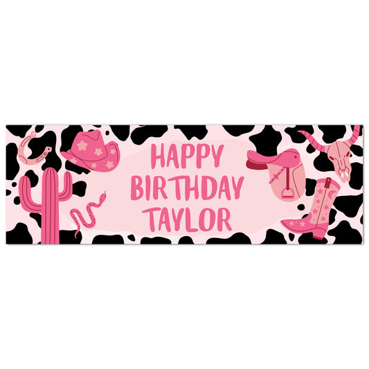 Cowgirl Birthday - Pink Icons Cow Print Personalised Name Banner Wall Sticker