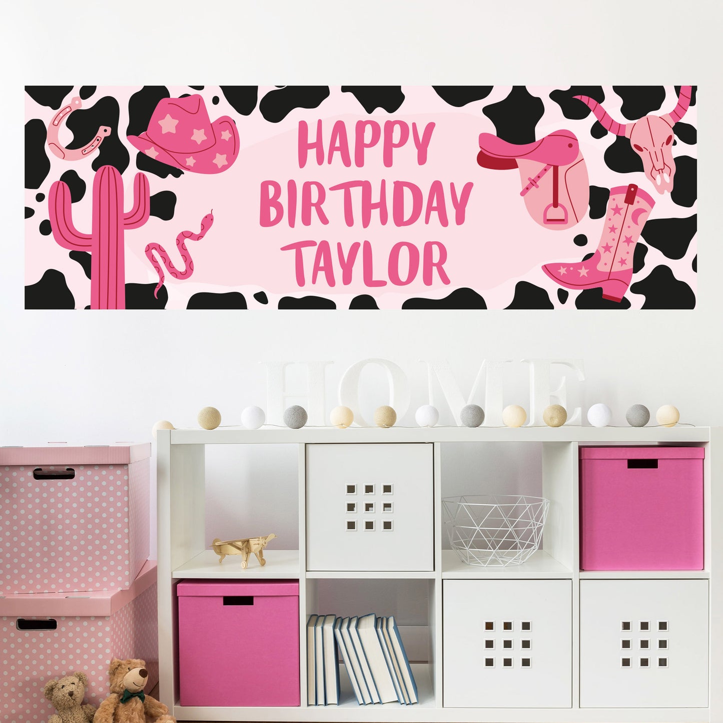 Cowgirl Birthday - Pink Icons Cow Print Personalised Name Banner Wall Sticker