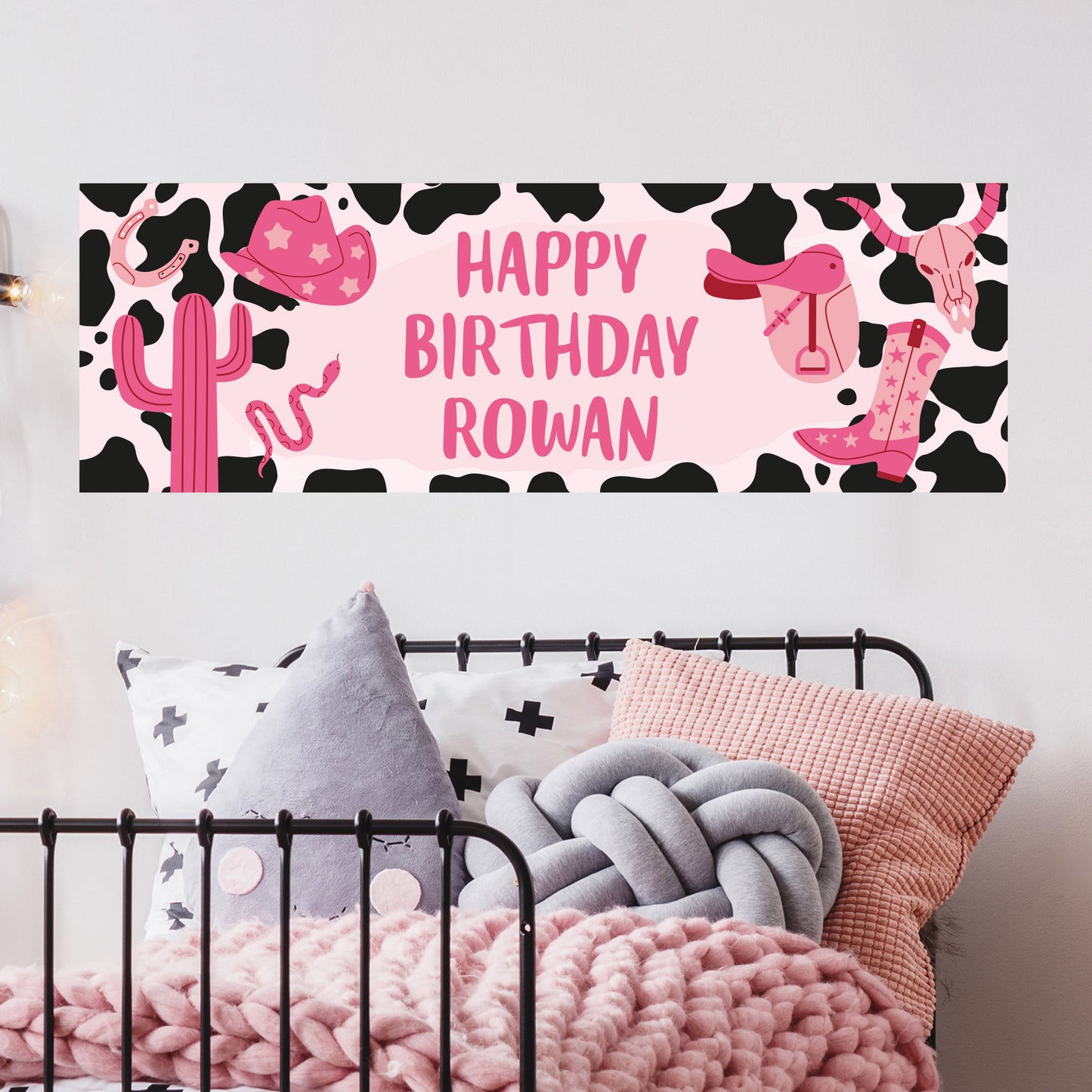Cowgirl Birthday - Pink Icons Cow Print Personalised Name Banner Wall Sticker