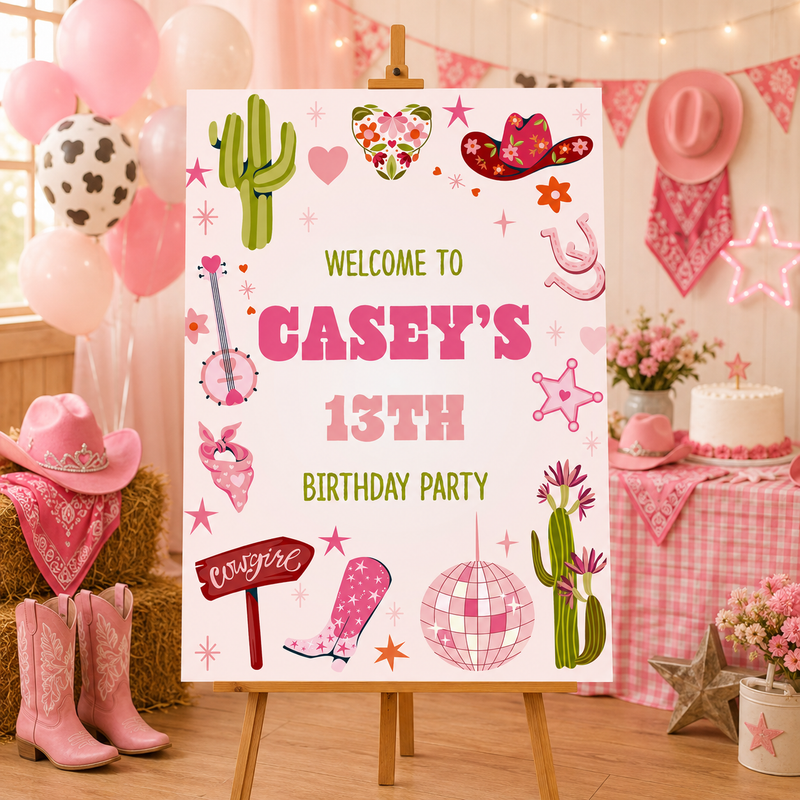Cowgirl Birthday Sign - Green And Pink Icons Personalised Foamex Board