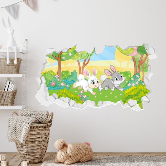 Easter Wall Sticker - Cartoon Rabbits Broken Wall Art Decal