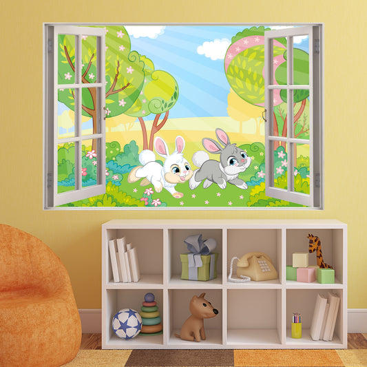 Easter Wall Sticker - Cartoon Rabbits Open Window Art Decal