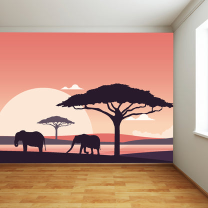 Elephant Safari At Sunset Full Wall Mural