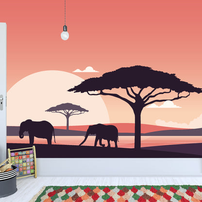 Elephant Safari At Sunset Full Wall Mural