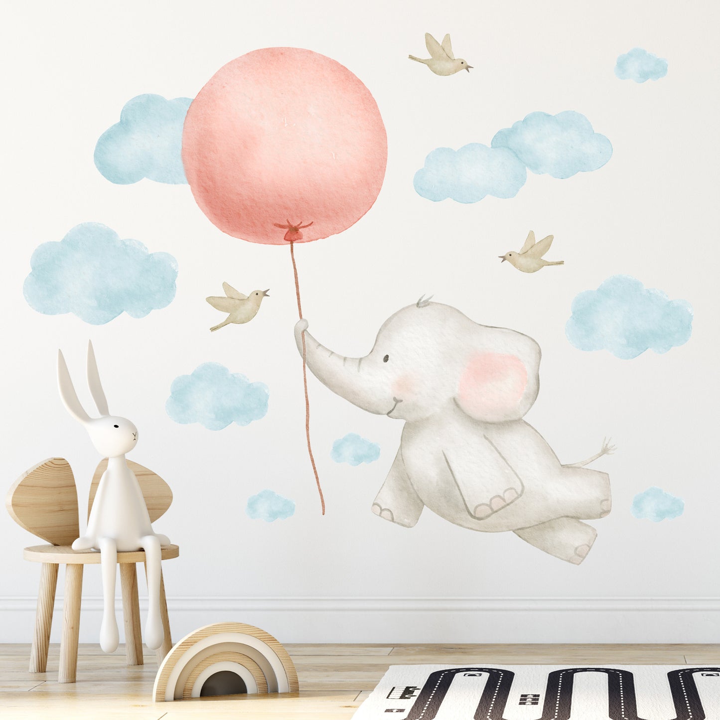 Watercolour Jungle Animal Wall Sticker - Elephant and Balloon Decal Wall Art