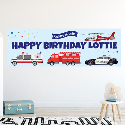 Emergency Services Birthday - Responder Vehicles Blue Personalised Name Banner Wall Sticker