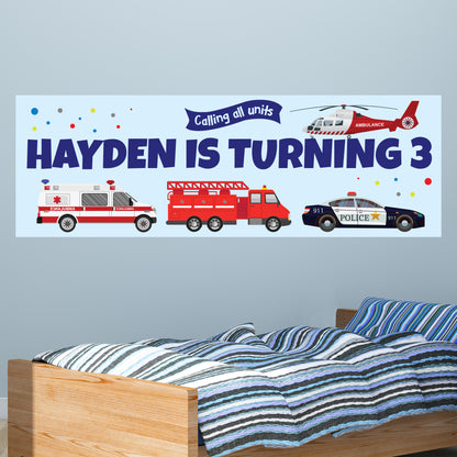 Emergency Services Birthday - Responder Vehicles Blue Personalised Name Banner Wall Sticker