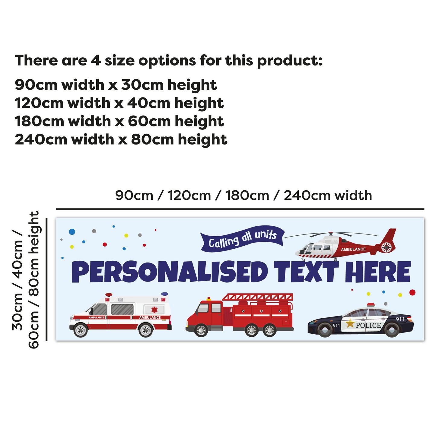 Emergency Services Birthday - Responder Vehicles Blue Personalised Name Banner Wall Sticker