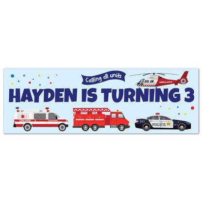 Emergency Services Birthday - Responder Vehicles Blue Personalised Name Banner Wall Sticker