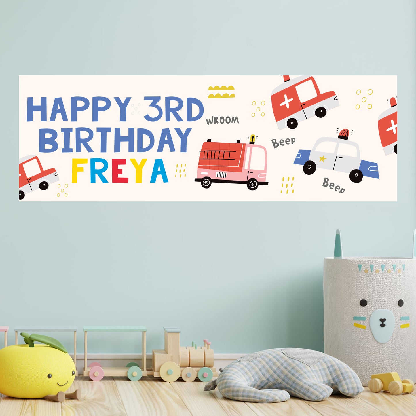 Emergency Services Birthday - Beep Beep Rescue Team Personalised Name Banner Wall Sticker