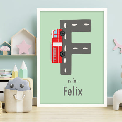 Emergency Services Print - Fire Engine Letter And Name Personalised Poster Wall Art